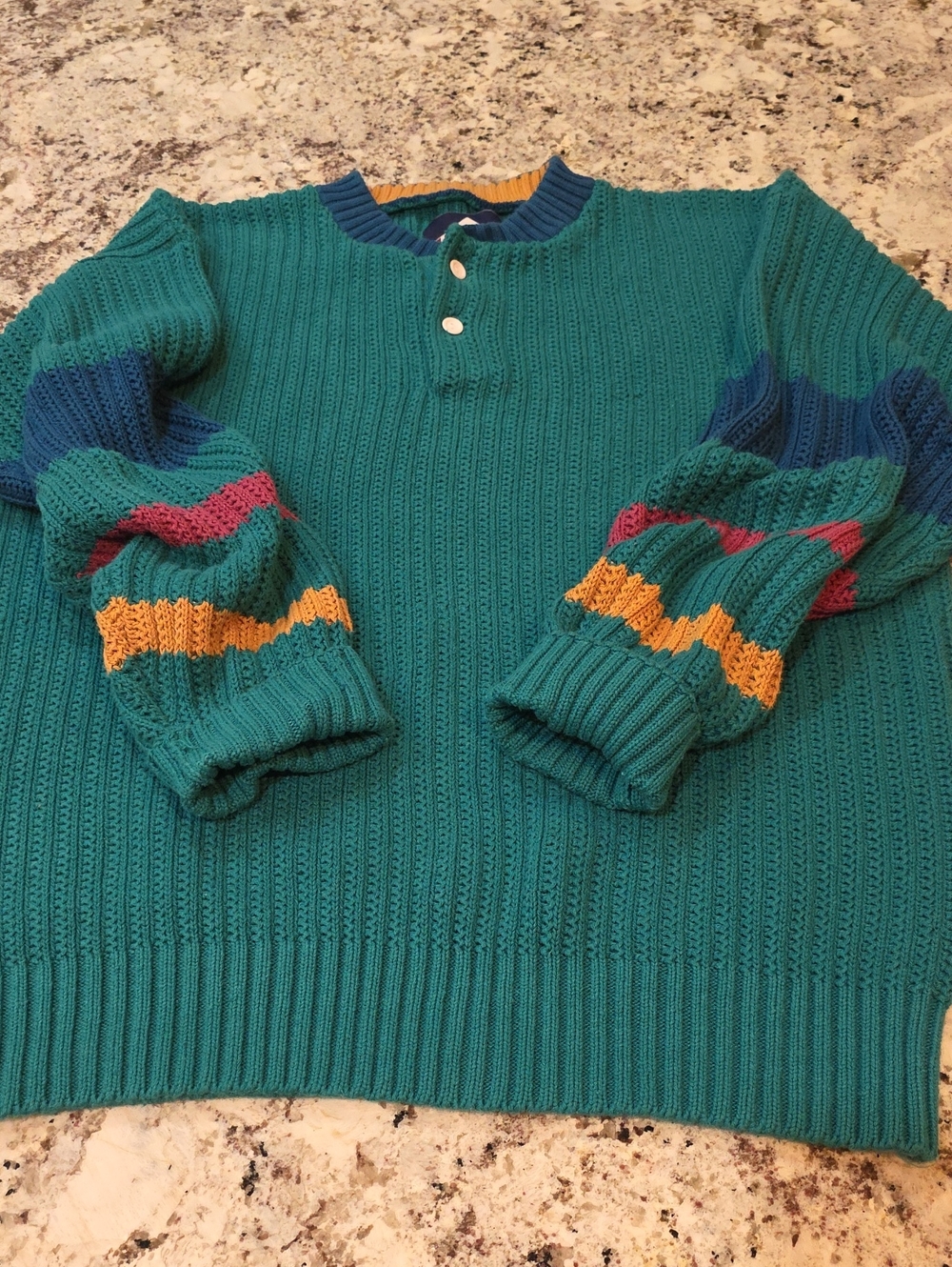 London Fog Teal Crewneck Sweater with Multicolor Sleeve Stripes #ski